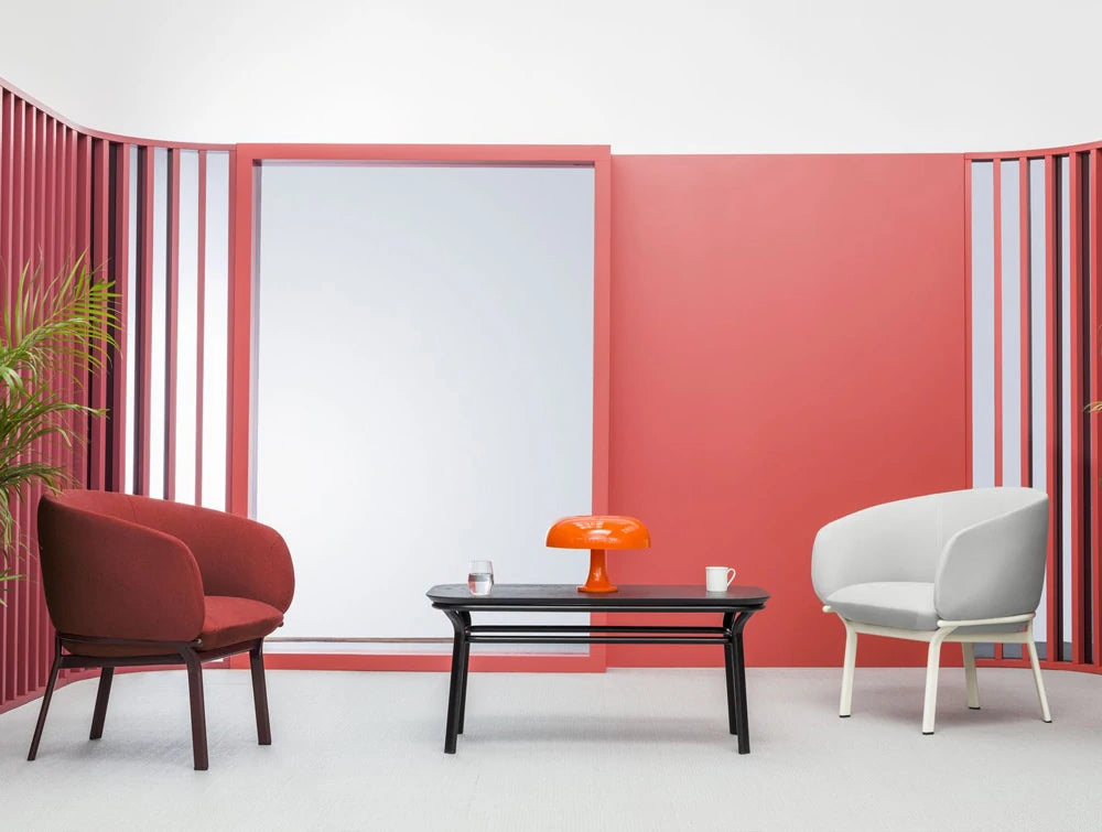 Grace Armchair on 4 Legged Base with Red and White Finish and Black Table