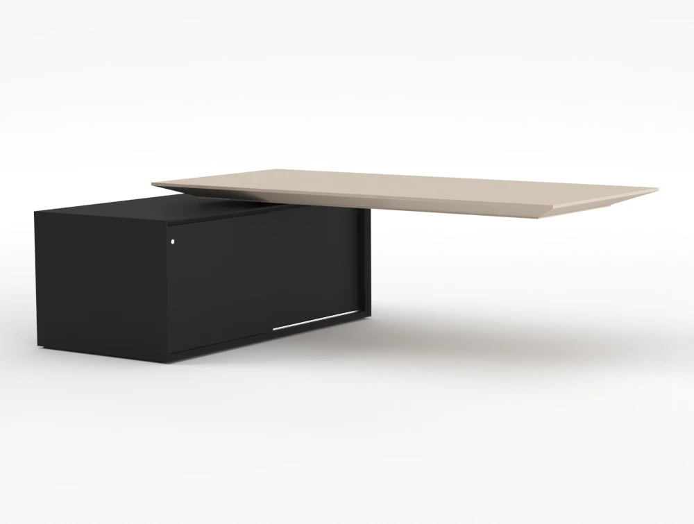 Gravity Sit Stand Executive Desk Elm Top Graphite Frame Body Right