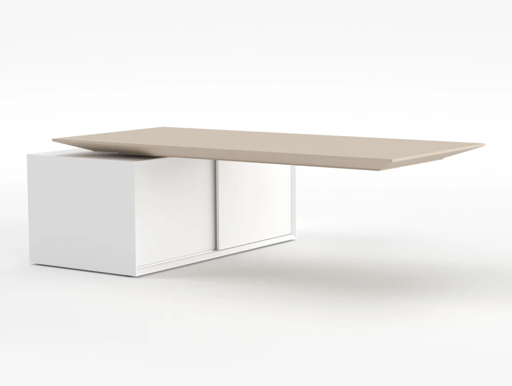 Gravity Sit Stand Executive Desk Elm Top White Frame Body Left