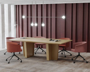 Gravos Conference Table in Oak Finish with Light Red Armchair in Meeting Room Setup