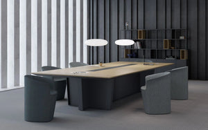 Gravos Conference Table in Oak Top and Black Legs Finish with Grey Armchair in Meeting Room Setting