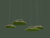 Green Mood Moss Acoustic Circle Wall Hanging Panels With Gold Structure And Ball Moss Filling In Dark Office Setting Close View