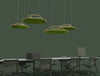 Green Mood Moss Acoustic Circle Wall Hanging Panels With Gold Structure And Ball Moss Filling In Dark Office Setting
