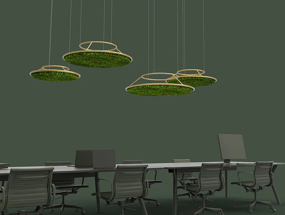 Green Mood Moss Acoustic Circle Wall Hanging Panels With Gold Structure And Ball Moss Filling In Dark Office Setting