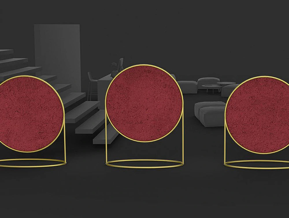 Green Mood Moss Acoustic Circular Free Standing Screen With Brass Frame And Lichen Moss Filling With Dark Grey Background