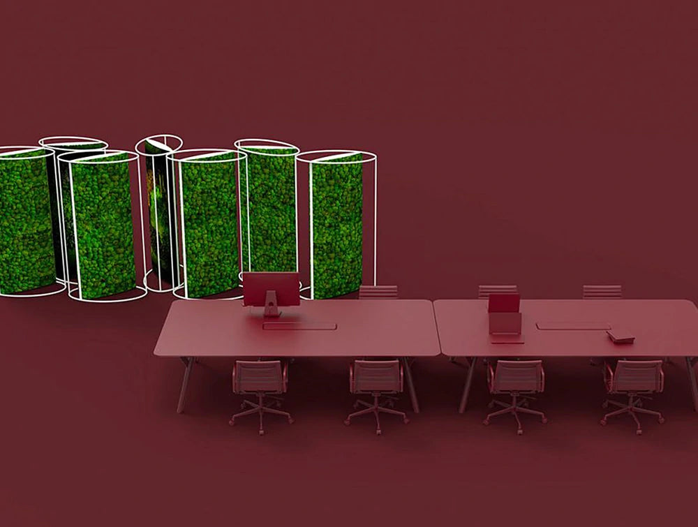 Green Mood Moss Acoustic Room Dividers With Matte White Structure And Ball Moss Filling In Maroon Background