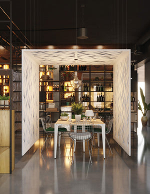 Ezoboard Hanging Suspended Office Partition In Two Toned Finish With White High Table And Brown Armchair In Breakout Setting