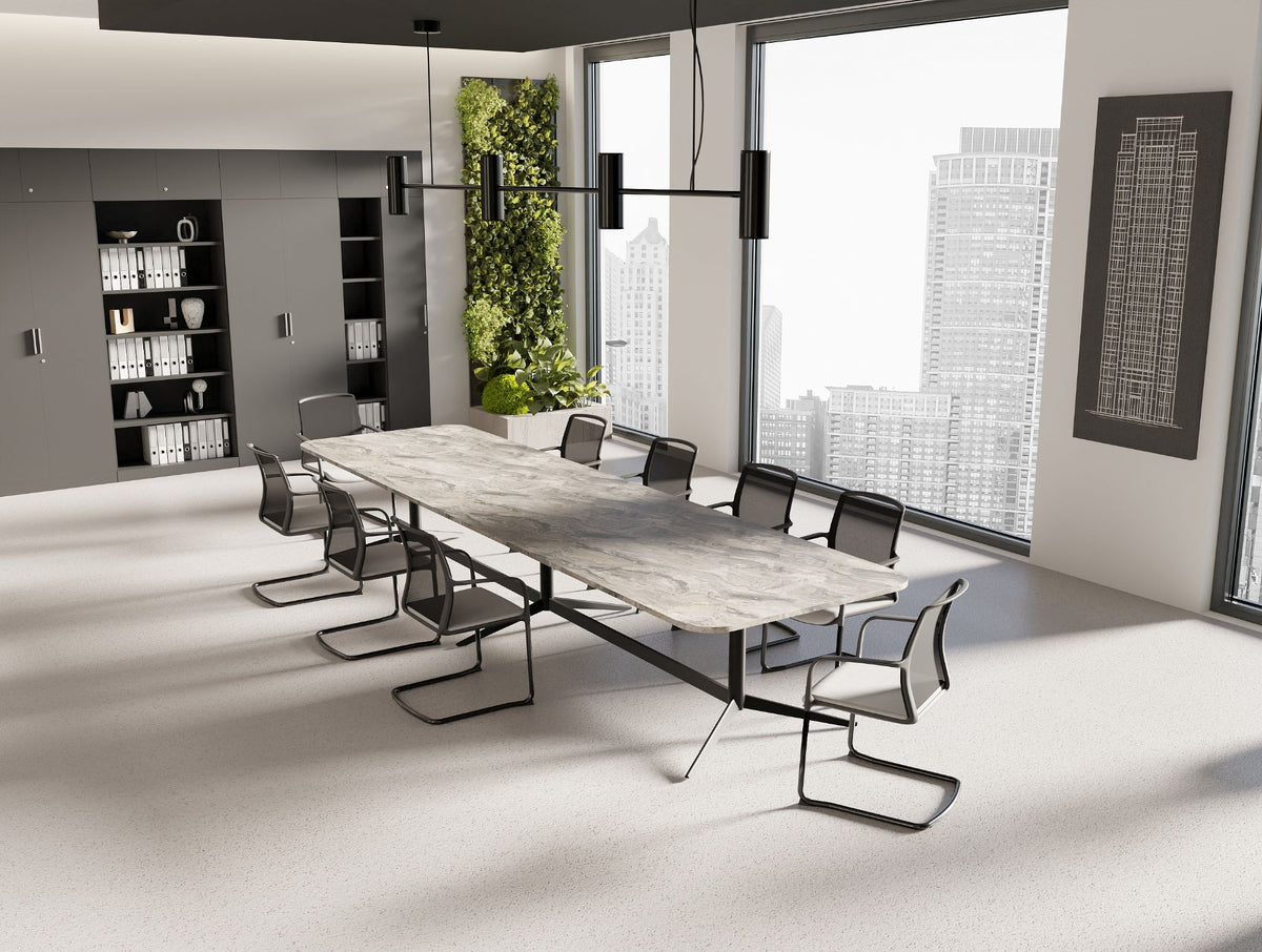 Harmon Triple Base Rectangular Curved Meeting Room Table with Black Finish Vela Sled Base Meeting Room Chair and Key Modular Bookcase in Meeting Room Setting 3