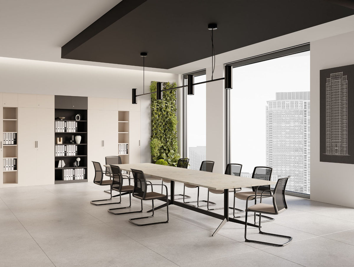 Harmon Triple Base Rectangular Meeting Room Table with Black Finish Vela Sled Base Meeting Room Chair and Key Modular Bookcase in Meeting Room Setting 2