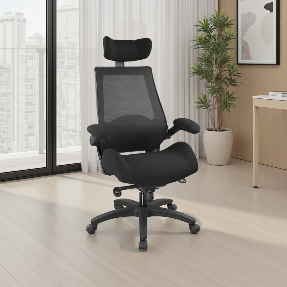 Heavy Duty Operator Chair with Rectangular Wooden Desk and Indoor Plant in Modern Office Setting