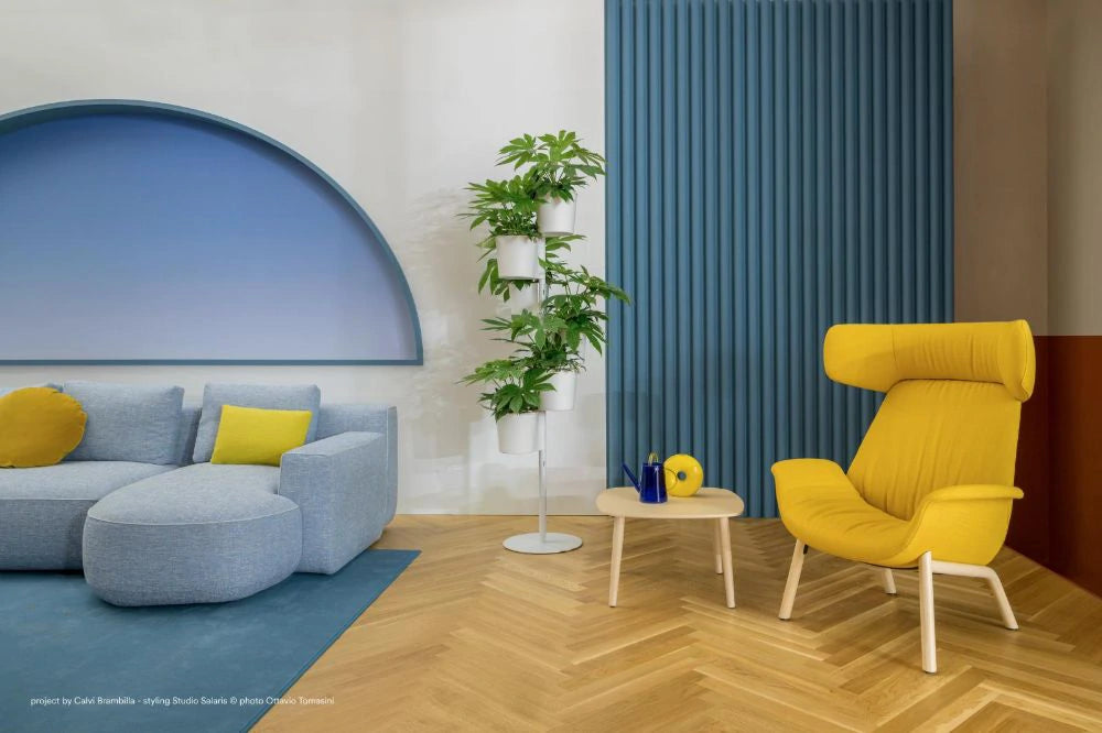 Hevea 5183 Space Partition with Pot Holders in White with Yellow Armchair and Small Wooden Coffee Table with Modular Sofa