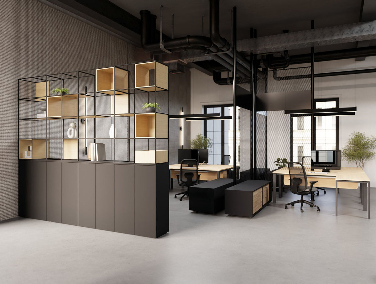 Ionic Double Grid Zoning System on Tall Storage with Profil Executive Desk and Credenza Unit and Contour Ergonomic Chair and Decora Modular Zoning System in Modern Office Setting