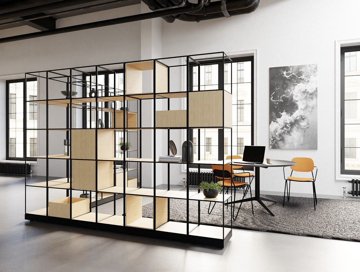 Ionic Modular 5 Level Zoning System in Oak Finish with Harmon Round Table and Line Chair in Modern Office Setting 2