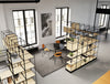 Ionic Modular 5 Level Zoning System in Oak Finish with Harmon Round Table and Line Chair in Modern Office Setting 3