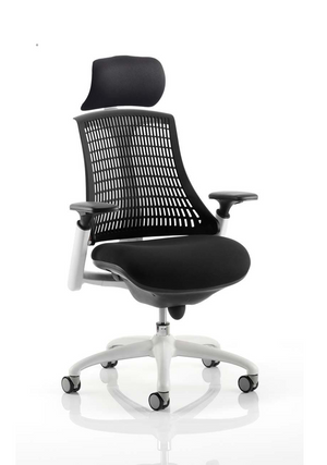 Flex Task Operator Chair White Frame Black Fabric Seat With Black Back With Arms With Headrest