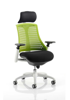 Flex Task Operator Chair White Frame Black Fabric Seat With Green Back With Arms With Headrest