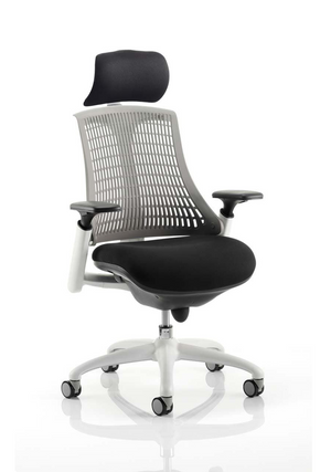 Flex Task Operator Chair White Frame Black Fabric Seat With Grey Back With Arms With Headrest