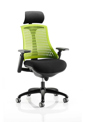 Flex Task Operator Chair Black Frame With Black Fabric Seat Green Back With Arms With Headrest