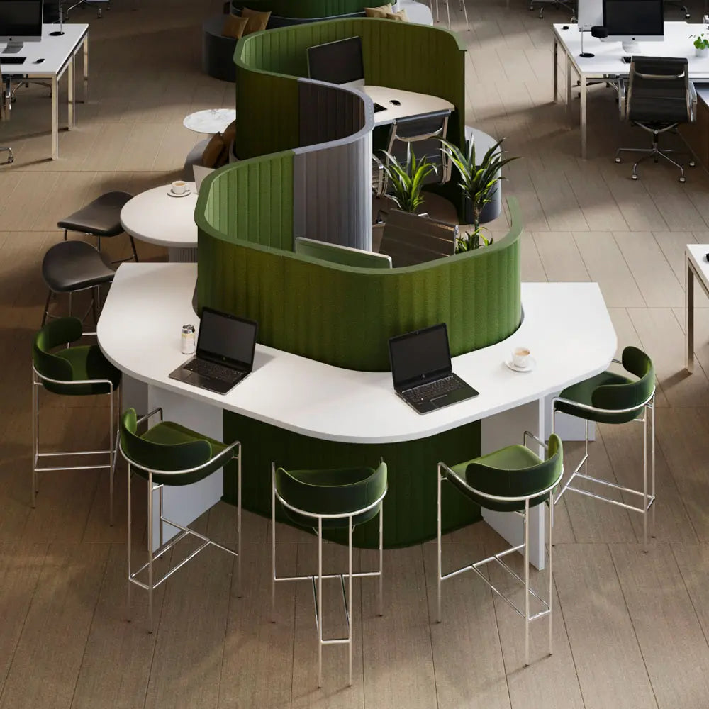 Ezoboard Kayra Soundproof Office Divider In Green Finish With Green Chair And White Table In Office Setting