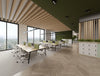 Key 6 Person Bench Desk with Green Light Straight Desk Screen and Galen Meeting Room Chair and Uno Locker and Planters in Modern Office Setting