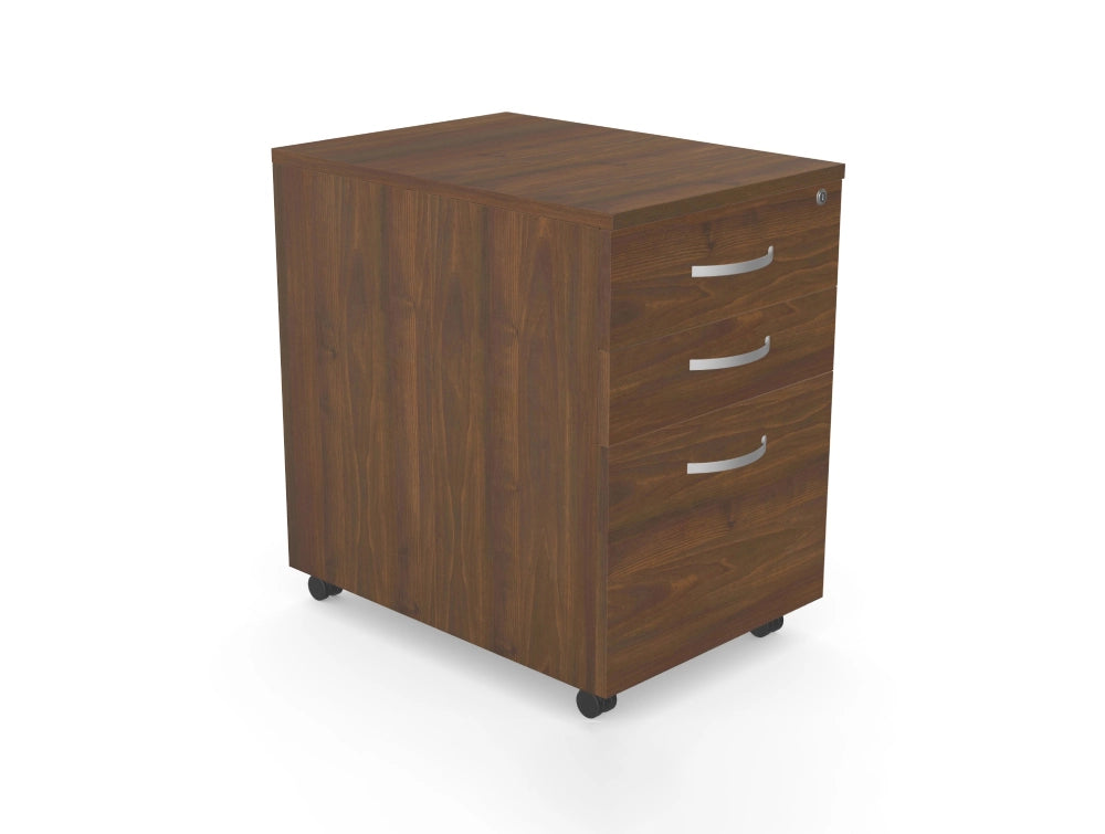 Kito Wooden 3 Drawer Mobile High Lockable Pedestal in Walnut and Silver Drawer Handle Finish