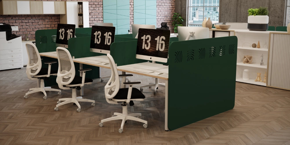 Koala Acoustic Bench Screen in Dark Green with White Top Table and White Mesh Back Chair