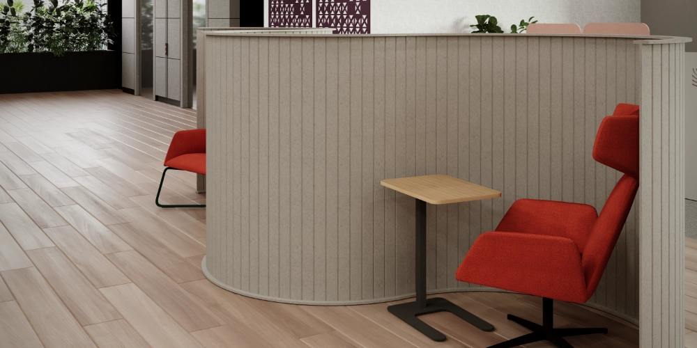 Koala Acoustic Curved Screen Divider in Light Grey Finish with Red Armchair and Oak Top Coffee Table