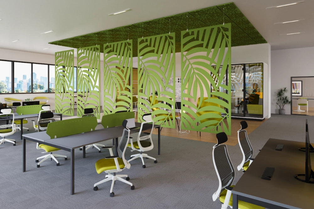 Koala Acoustic PET Pattern Screens in Green Finish with Green Acoustic Panel and Grey Top Bench Desk in Modern Office Setting