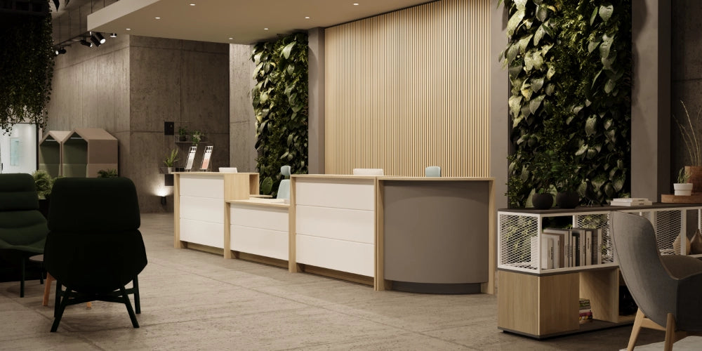Koala Acoustic Wood Slats in Oak Finish with White and Oak Reception Desk in Lounge Area