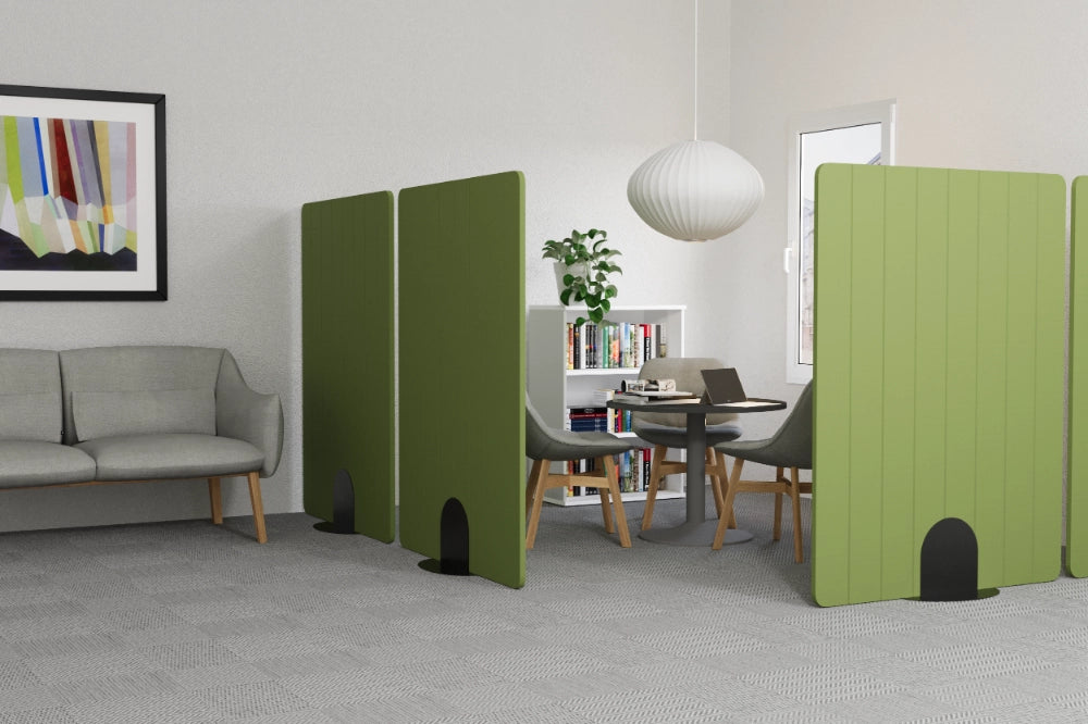 Koala Minimal Freestanding Screen Stripe in Green Finish with Grey Lounge Chair and Round Coffee Table in Lounge Area