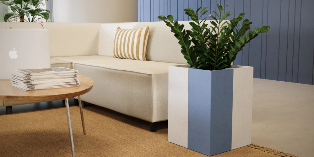 Koala Square Acoustic Planter in Light Blue and Off White Finish with Beige Corner Sofa and Round Center Table in Lounge Setting