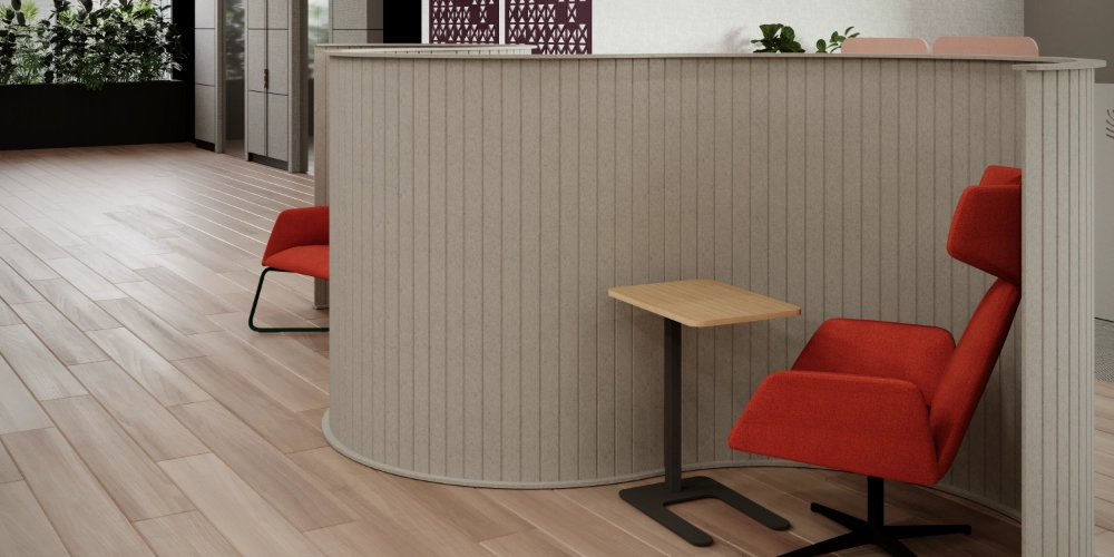 Koala Wave Screen Divider Light Grey Finish with Red Upholstered Armchair and Wooden Top Table on Dark Grey Base