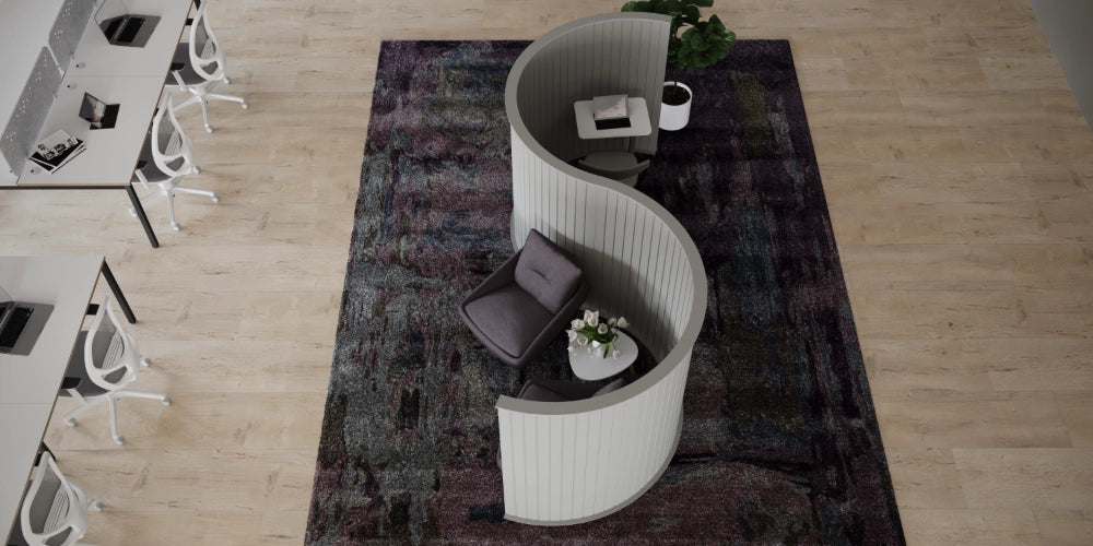 Koala Wave Screen Divider in Light Grey with Dark Grey Single Seater Sofa and White Triangle Top Coffee Table in Modern Office Setting