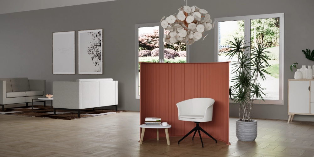 Koala Wave Screen Divider in Terracotta Finish with White Top Mini Table and White Chair on Black Base