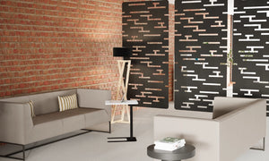 Koala Workspace Dividers in Black with Grey Sofa and Square Coffee Table in Lounge Setting