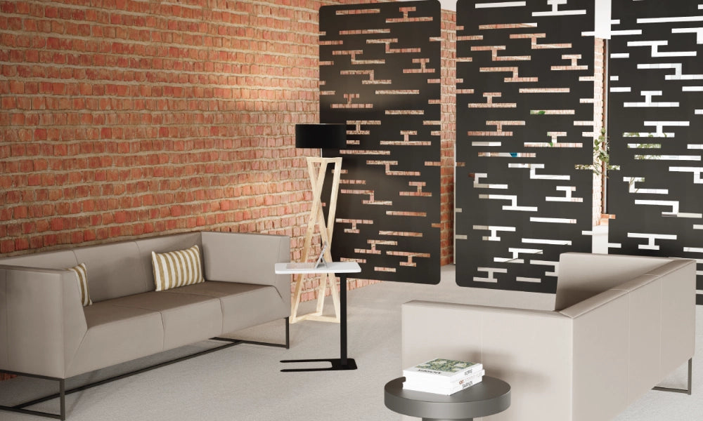 Koala Workspace Dividers in Black with Grey Sofa and Square Coffee Table in Lounge Setting