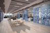 Koala Workspace Dividers in Blue Finish with Round Cylinder Based Table and White Dining Chair in Modern Office Setting