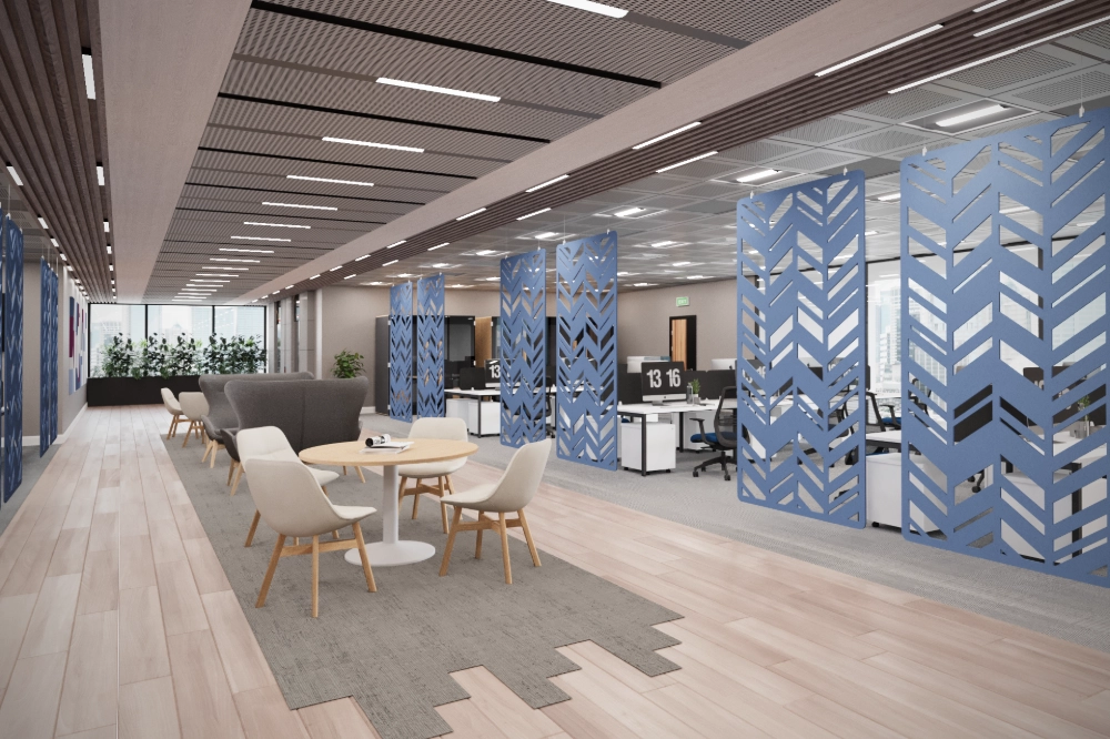 Koala Workspace Dividers in Blue Finish with Round Cylinder Based Table and White Dining Chair in Modern Office Setting