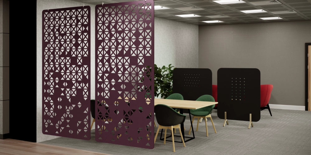 Koala Workspace Dividers in Burgundy with Rectangular Oak Top Table and Black Freestanding Screens in Meeting Area Setting