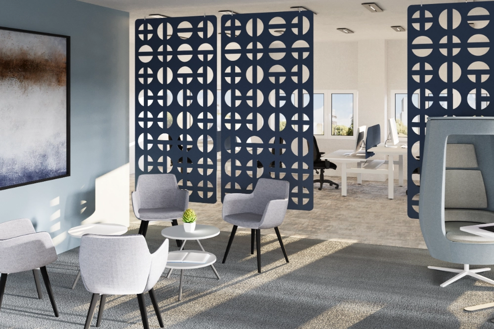 Koala Workspace Dividers in Dark Blue Finish with Grey Armchair and Grey 1 Seater Acoustic Meeting Pod in Modern Office Setting