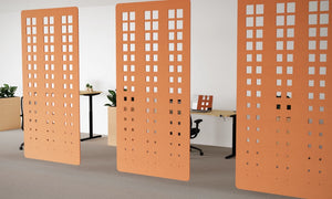 Koala Workspace Dividers in Light Orange with Sit Stand Desk in Modern Office Setting