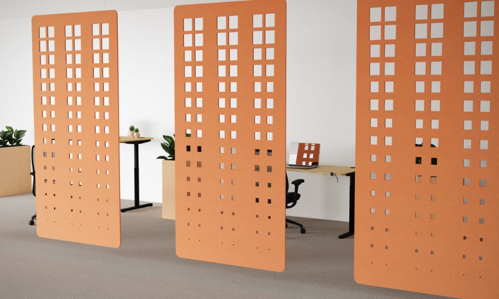 Koala Workspace Dividers in Light Orange with Sit Stand Desk in Modern Office Setting