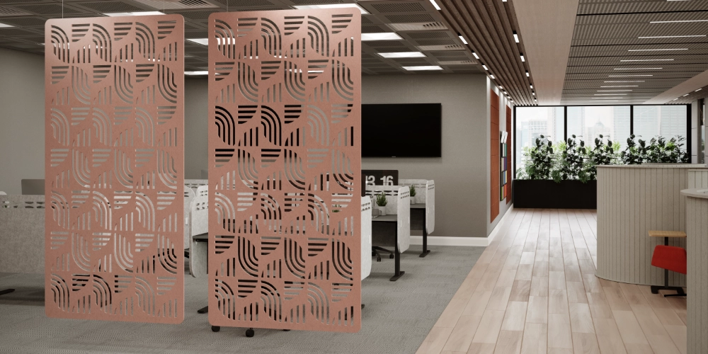 Koala Workspace Dividers in Peach Finish with Grey Desk Screen Attached to Office Desk in Modern Office Setting