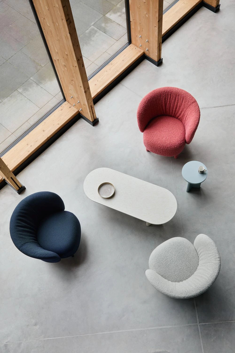 Kori Armchair in Different Finishes with Oval Centre Table and Round Side Table