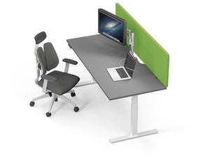 Leap Acoustic Bench Desk Screen in Green Finish Attached to Dark Grey Top Sit Stand Desk and Dark Grey Ergonomic Chair