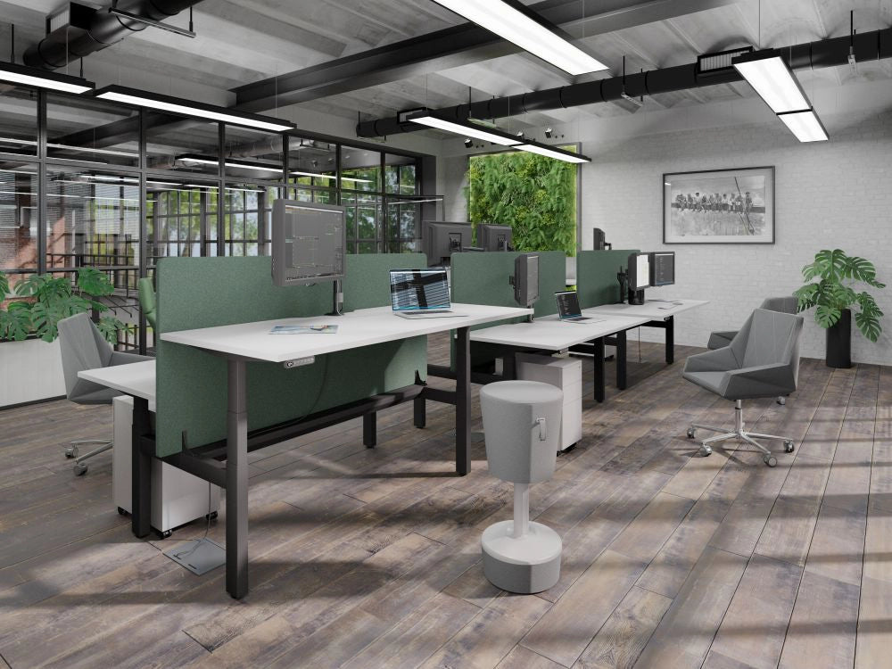 Leap Acoustic Bench Desk Screen in Green Finish with Grey Movement Stool and Office Chair and White Top Sit Stand Desk in Modern Office Setting