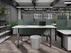 Leap Acoustic Bench Desk Screen in Green Finish with Grey Movement Stool and White Top Sit Stand Desk in Modern Office Setting 2