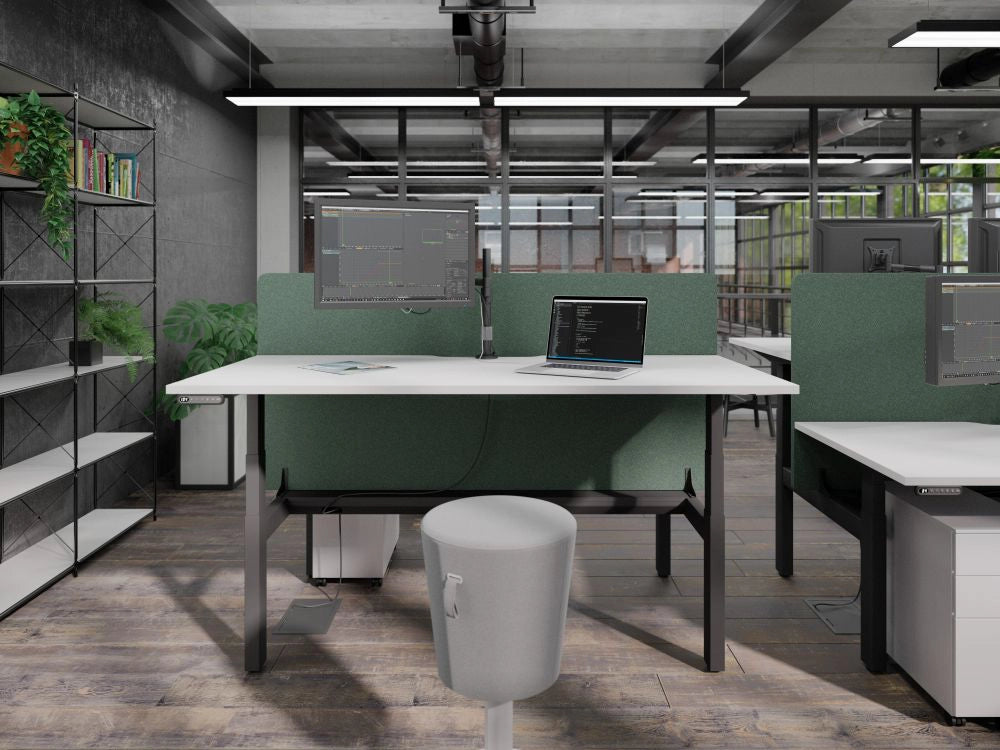 Leap Acoustic Bench Desk Screen in Green Finish with Grey Movement Stool and White Top Sit Stand Desk in Modern Office Setting 2