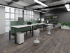 Leap Acoustic Bench Desk Screen in Green Finish with Grey Movement Stool and White Top Sit Stand Desk in Modern Office Setting