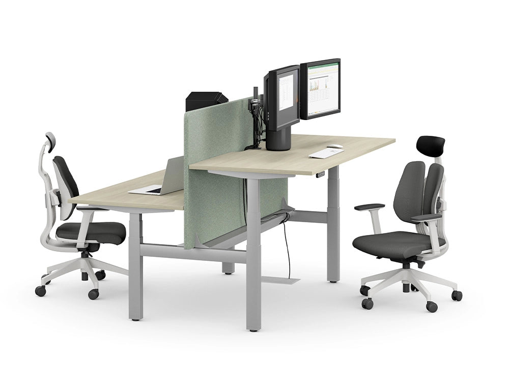 Leap Acoustic Bench Desk Screen in Light Green Finish Attached to Oak Top Sit Stand Desk with Ergonomic Office Chair